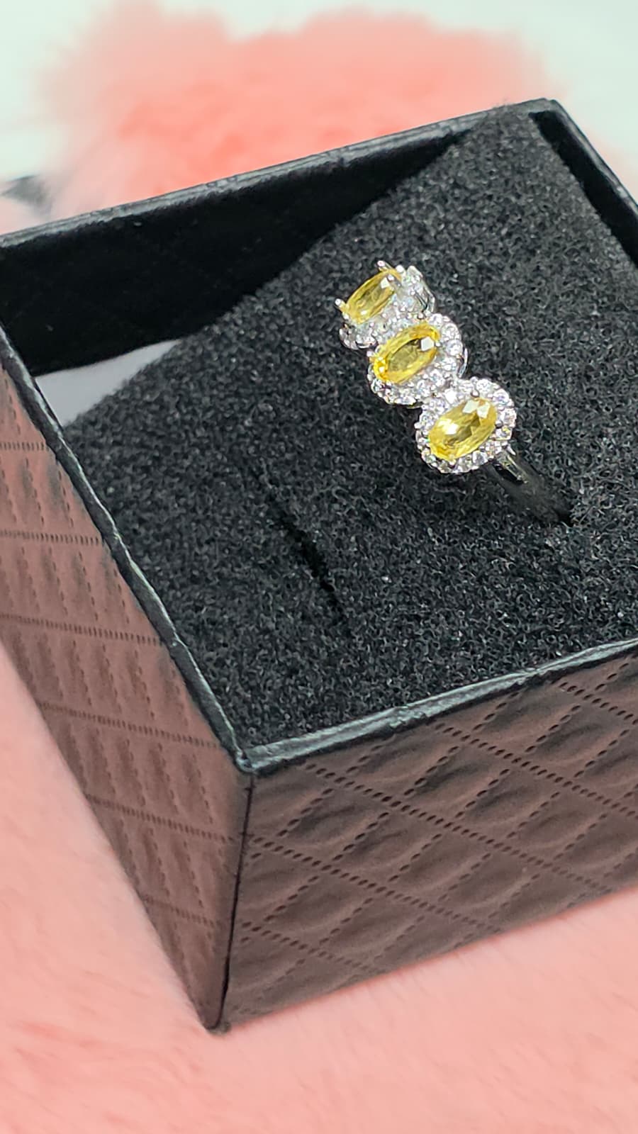 Natural Three-Stone Yellow Sapphire Adjustable Ring – S925 Sterling Silver