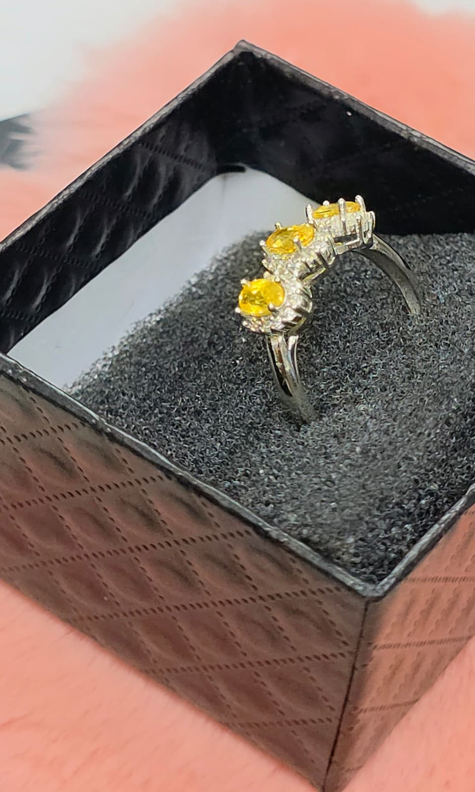 Natural Three-Stone Yellow Sapphire Adjustable Ring – S925 Sterling Silver