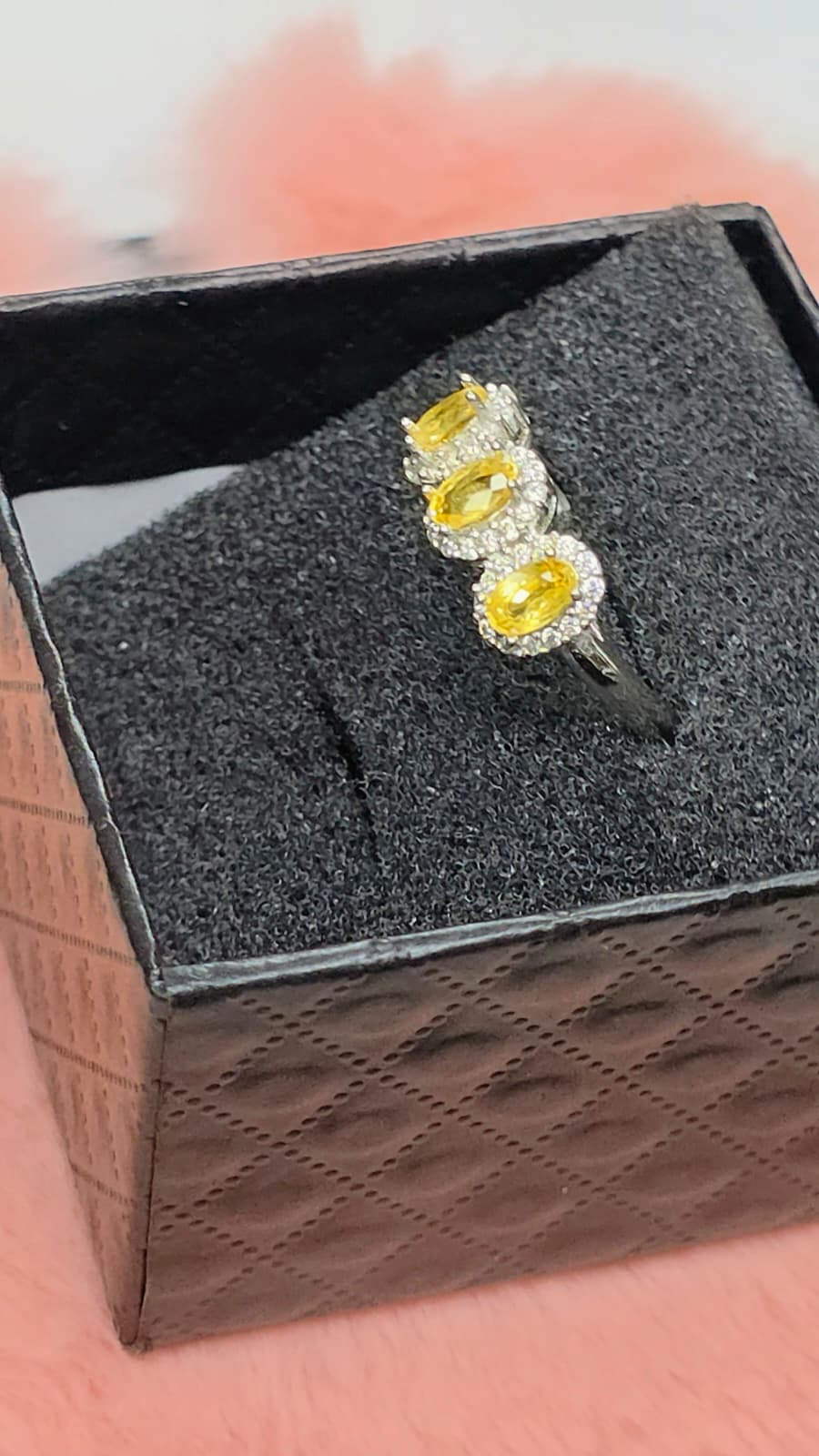Natural Three-Stone Yellow Sapphire Adjustable Ring – S925 Sterling Silver