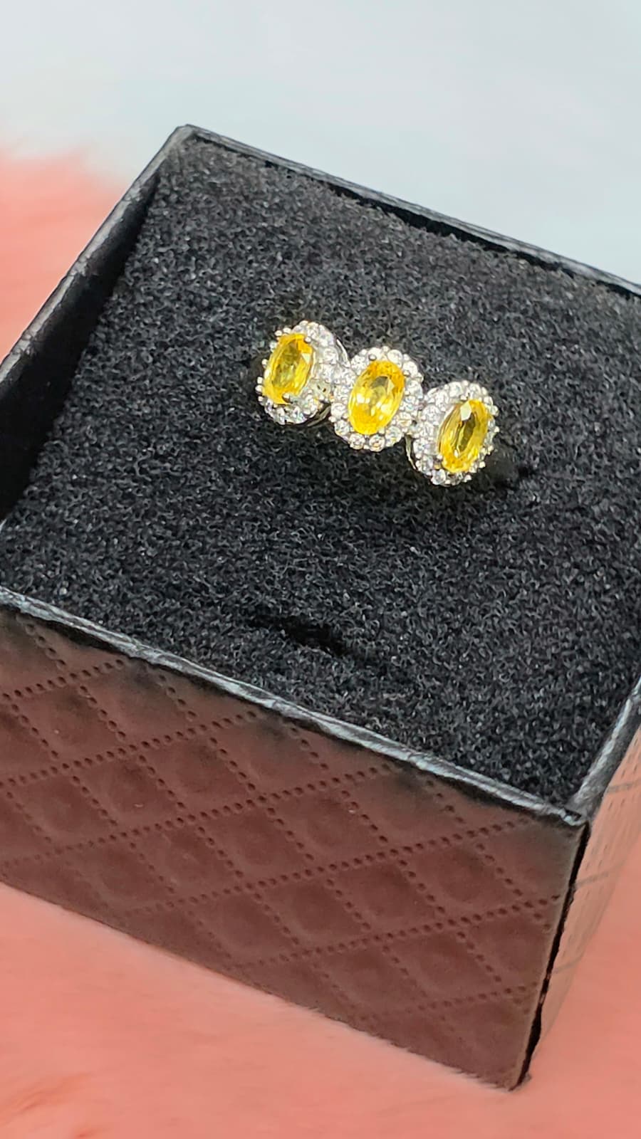 Natural Three-Stone Yellow Sapphire Adjustable Ring – S925 Sterling Silver