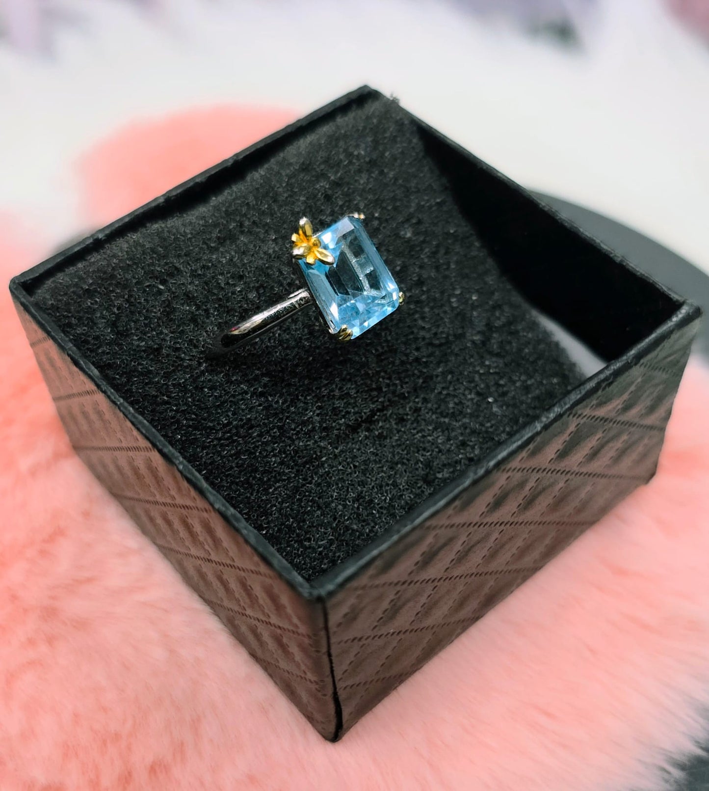 Natural Emerald-Cut Swiss Topaz Butterfly Adjustable Ring S925 | Kumara Shines