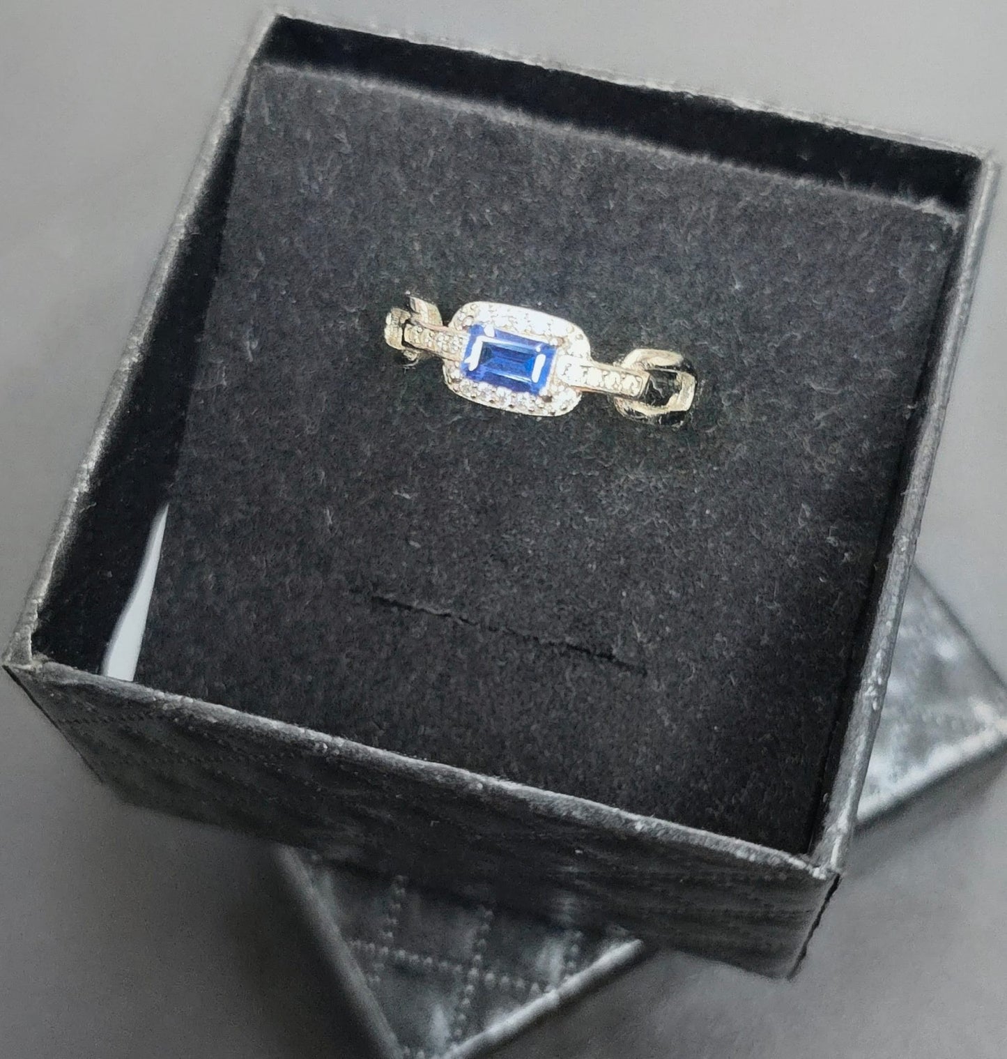 Natural Tanzanite Emerald Cut Halo Adjustable Ring — Sterling Silver | Kumara Shines