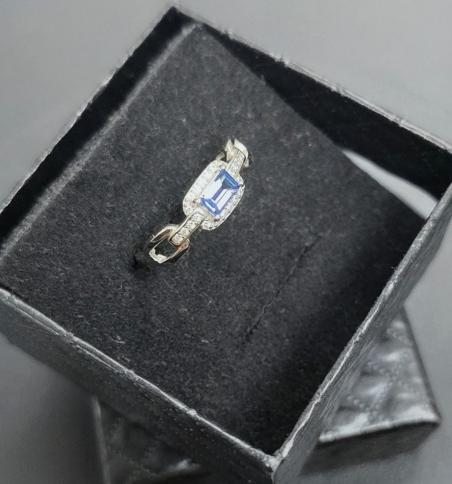 Natural Tanzanite Emerald Cut Halo Adjustable Ring — Sterling Silver | Kumara Shines