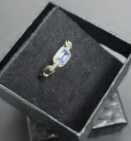 Natural Tanzanite Emerald Cut Halo Adjustable Ring — Sterling Silver | Kumara Shines
