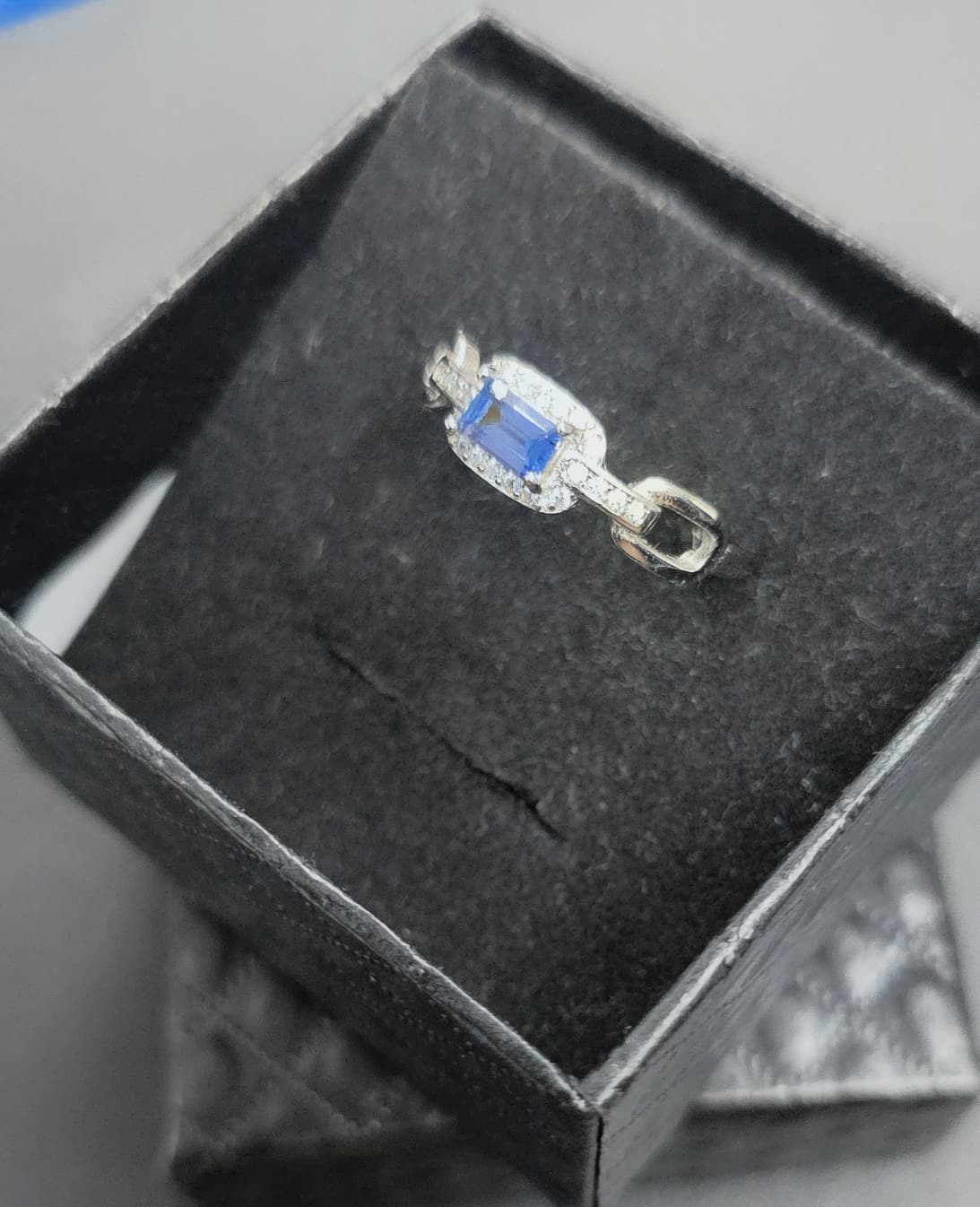 Natural Tanzanite Emerald Cut Halo Adjustable Ring — Sterling Silver | Kumara Shines