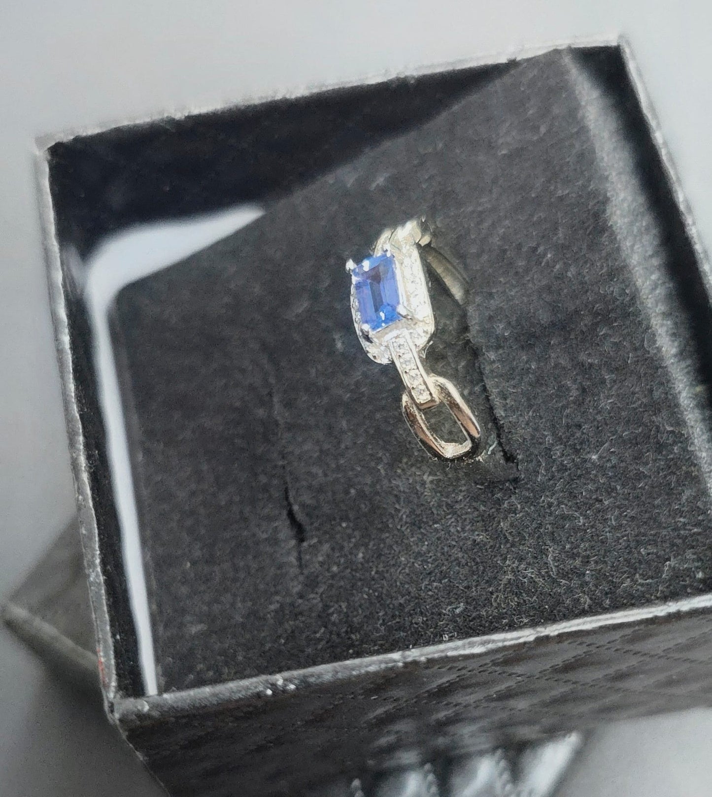 Natural Tanzanite Emerald Cut Halo Adjustable Ring — Sterling Silver | Kumara Shines