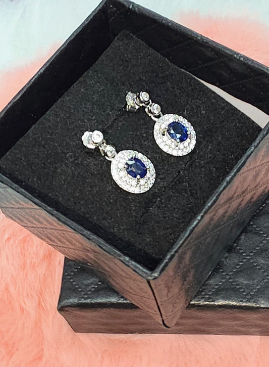 Natural Blue Sapphire Halo Drop Earrings – Sterling Silver | Kumara Shines