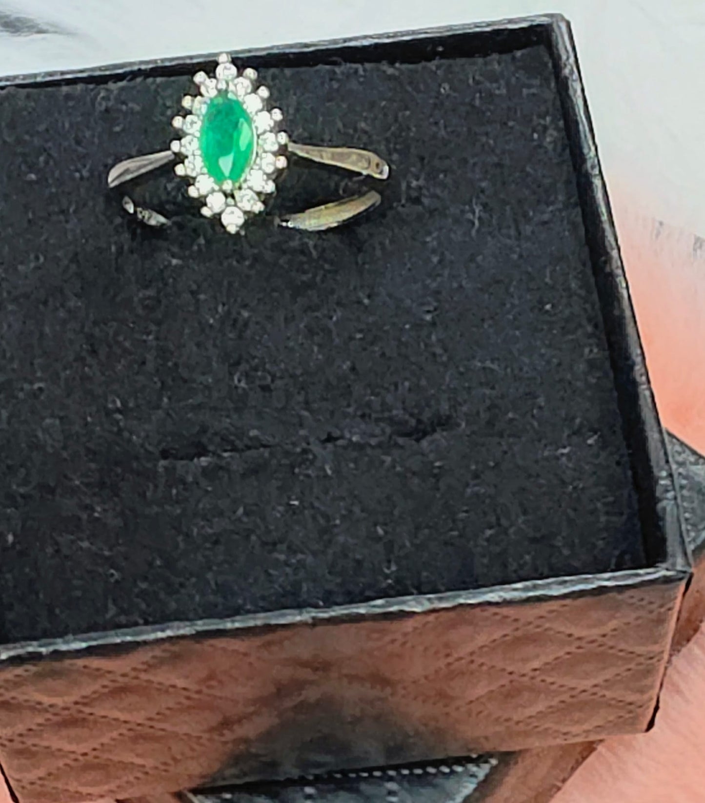 Natural Emerald Marquise-Cut Halo Ring — Sterling Silver | Kumara Shines