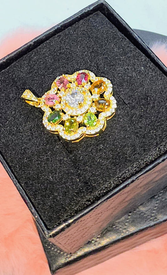 Natural Multi-Colour Tourmaline Floral Pendant Gold-Plated 925 Sterling Silver | Kumara Shines