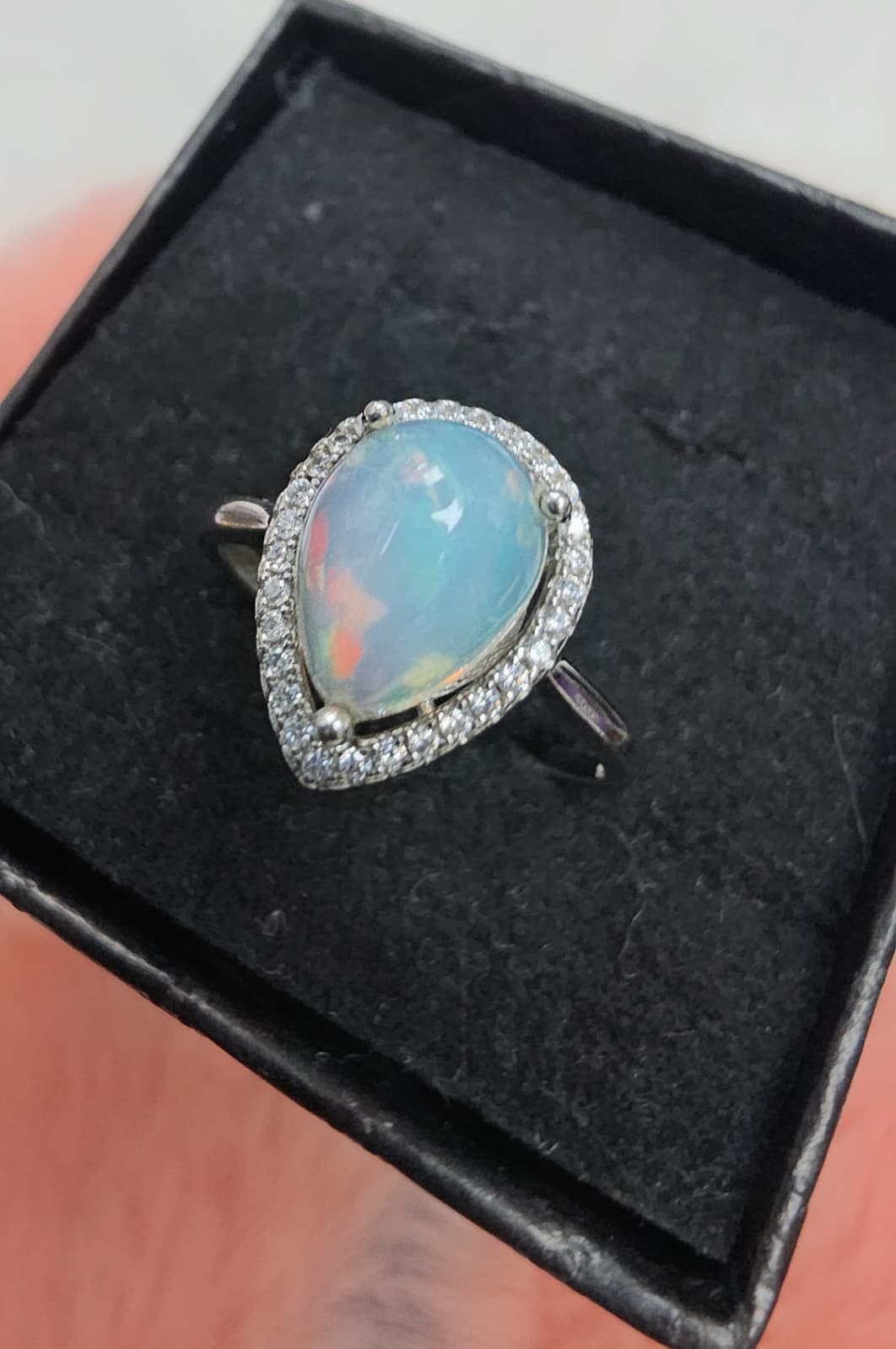 Natural Precious Opal Pear Cabochon Halo Ring — 925 Sterling Silver | Kumara Shines