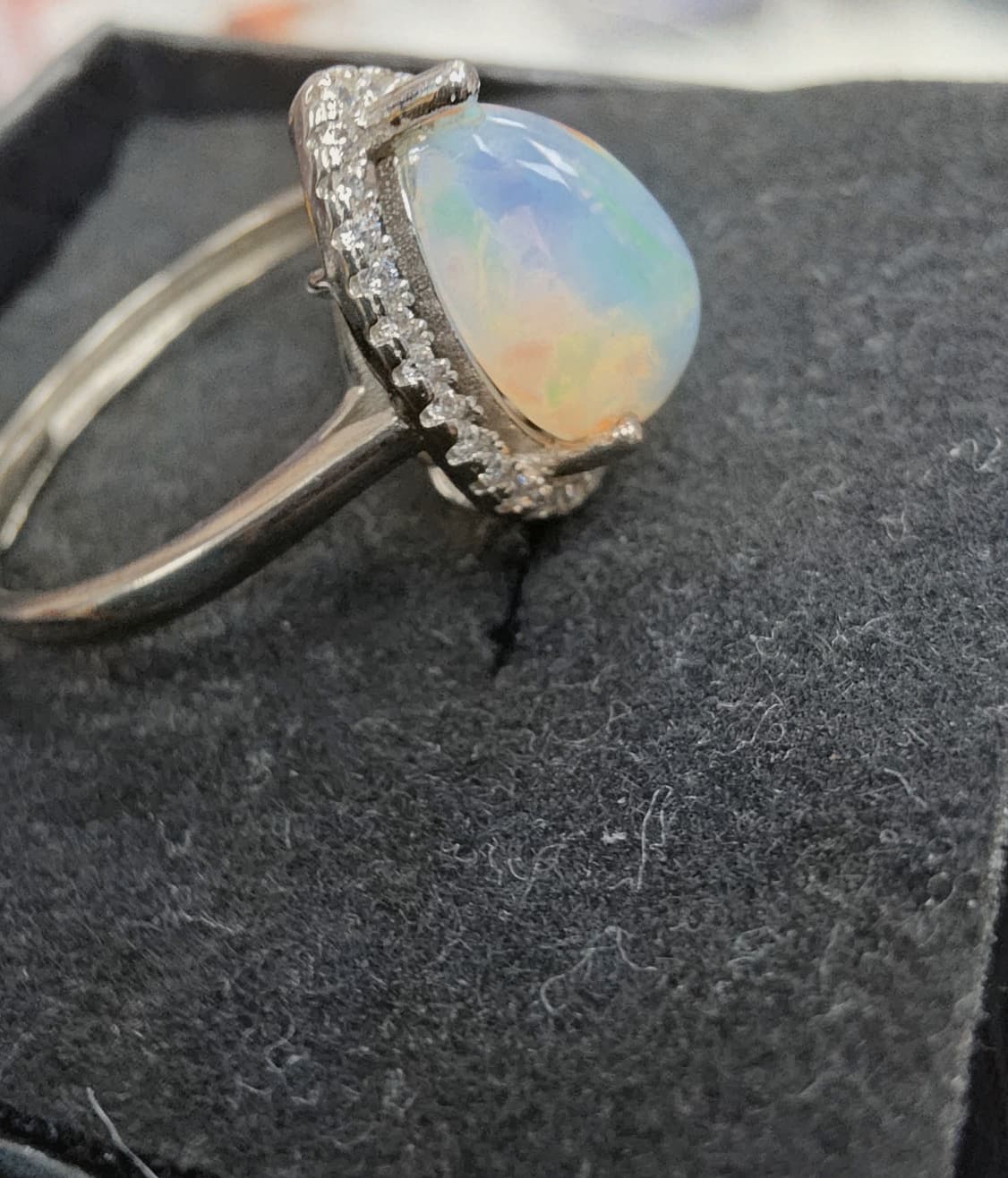 Natural Precious Opal Pear Cabochon Halo Ring — 925 Sterling Silver | Kumara Shines