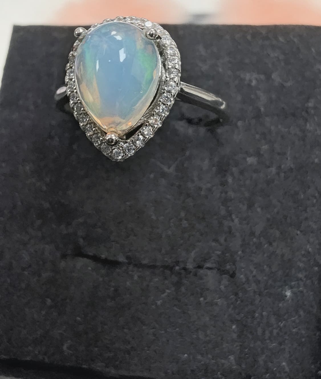 Natural Precious Opal Pear Cabochon Halo Ring — 925 Sterling Silver | Kumara Shines