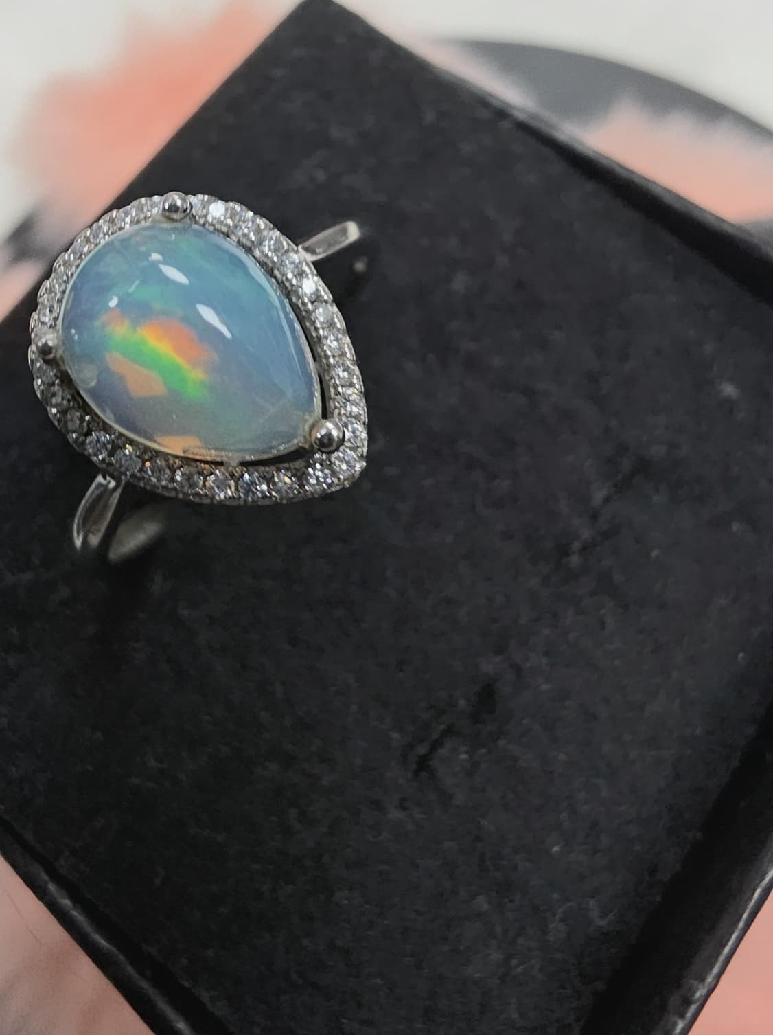 Natural Precious Opal Pear Cabochon Halo Ring — 925 Sterling Silver | Kumara Shines