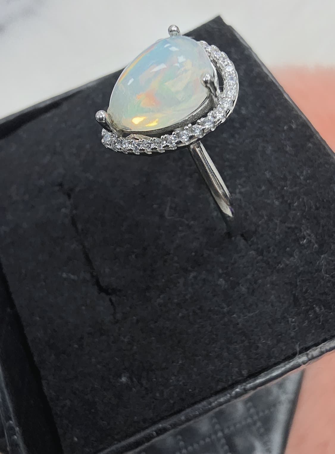 Natural Precious Opal Pear Cabochon Halo Ring — 925 Sterling Silver | Kumara Shines