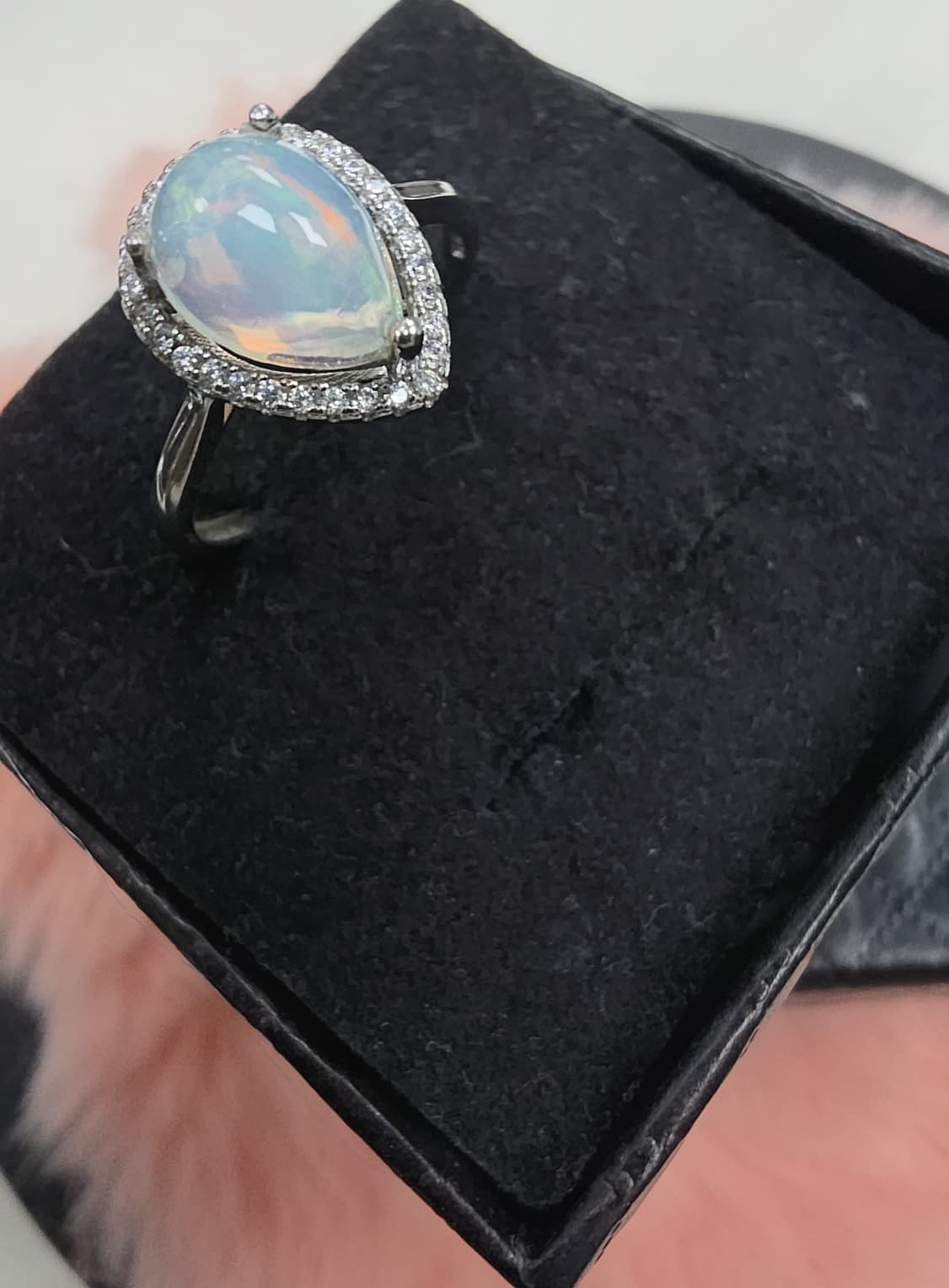 Natural Precious Opal Pear Cabochon Halo Ring — 925 Sterling Silver | Kumara Shines
