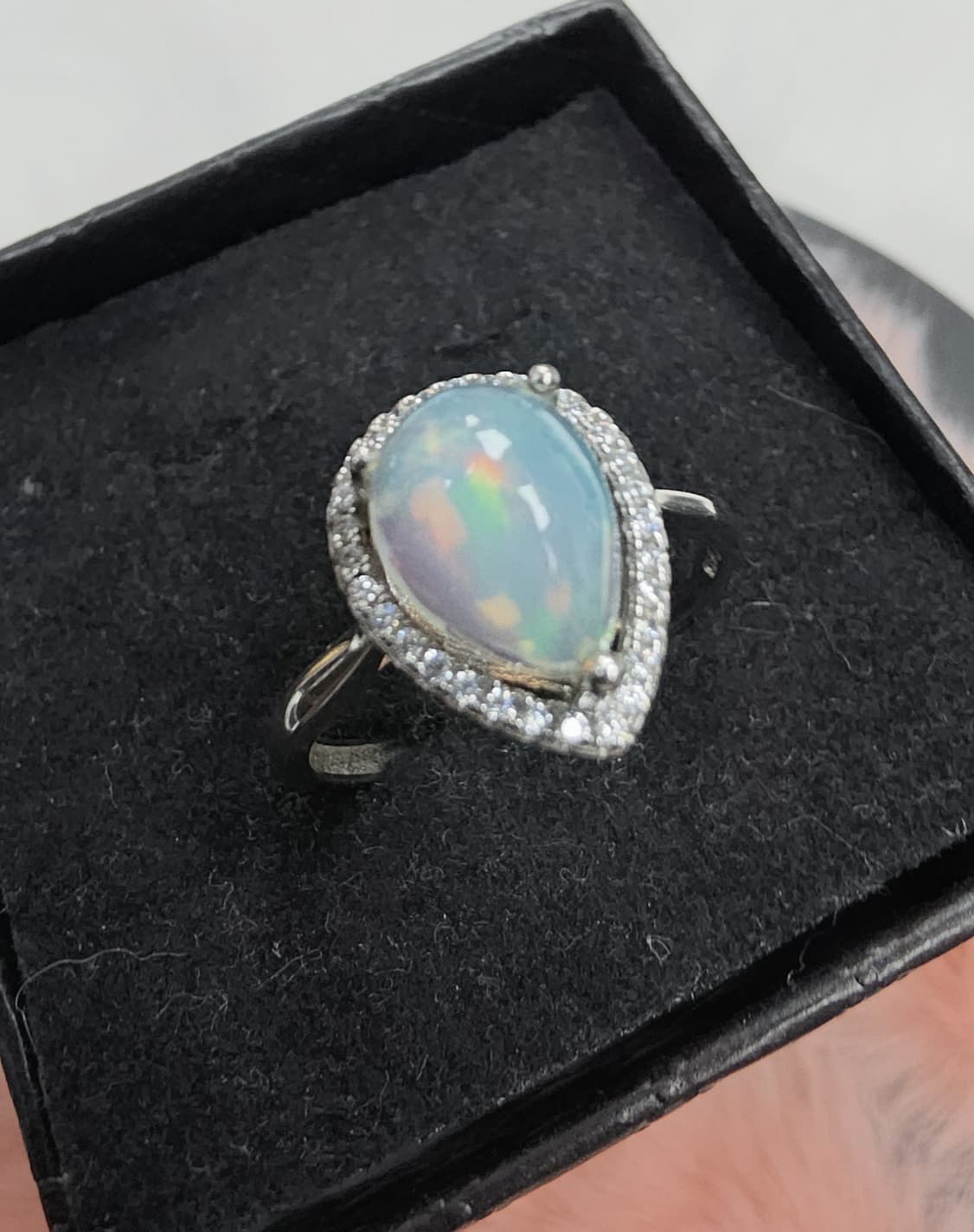 Natural Precious Opal Pear Cabochon Halo Ring — 925 Sterling Silver | Kumara Shines
