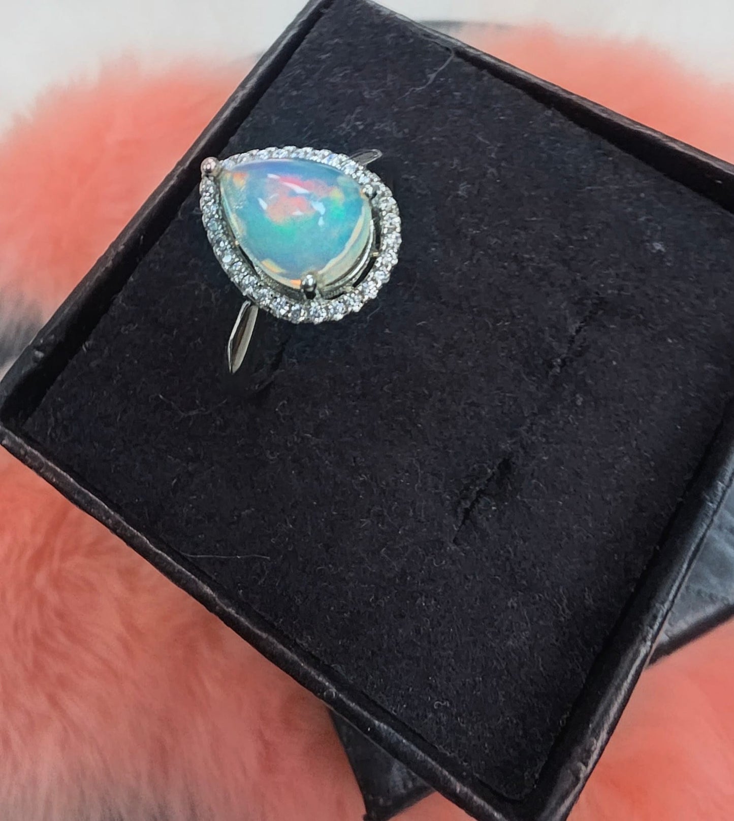 Natural Precious Opal Pear Cabochon Halo Ring — 925 Sterling Silver | Kumara Shines