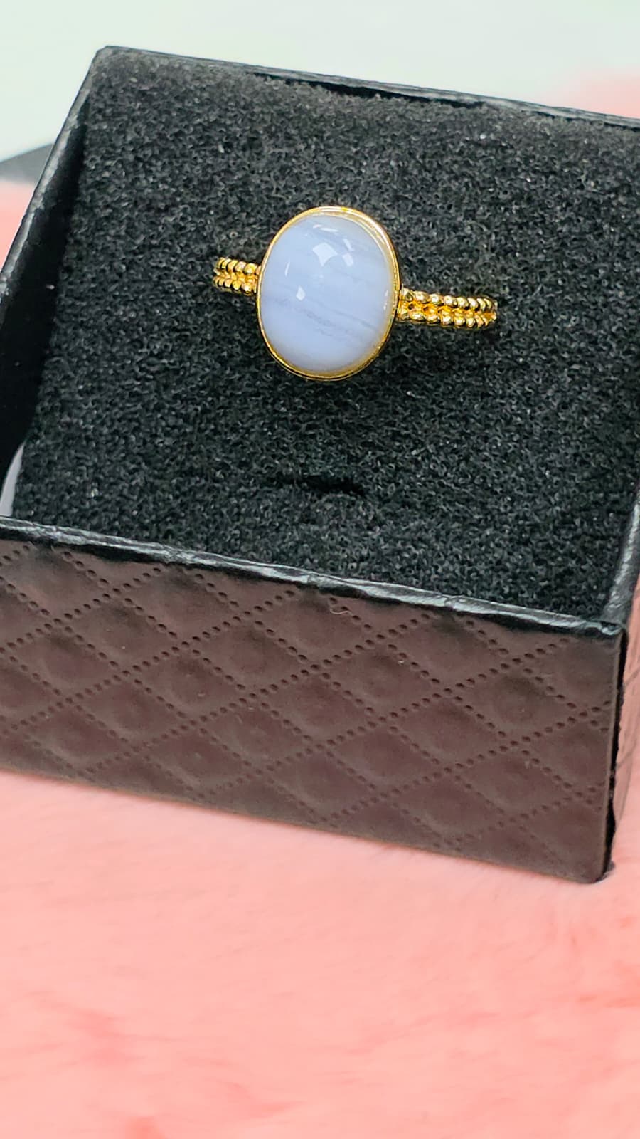 Natural Blue Lace Agate Adjustable Ring — Gold-Coated Sterling Silver | Kumara Shines