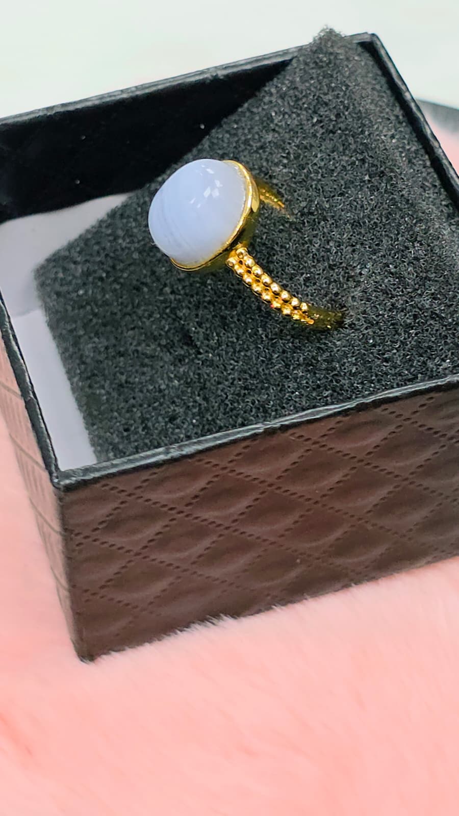 Natural Blue Lace Agate Adjustable Ring — Gold-Coated Sterling Silver | Kumara Shines