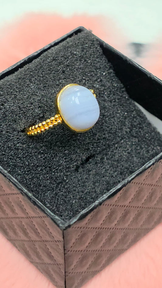 Natural Blue Lace Agate Adjustable Ring — Gold-Coated Sterling Silver | Kumara Shines