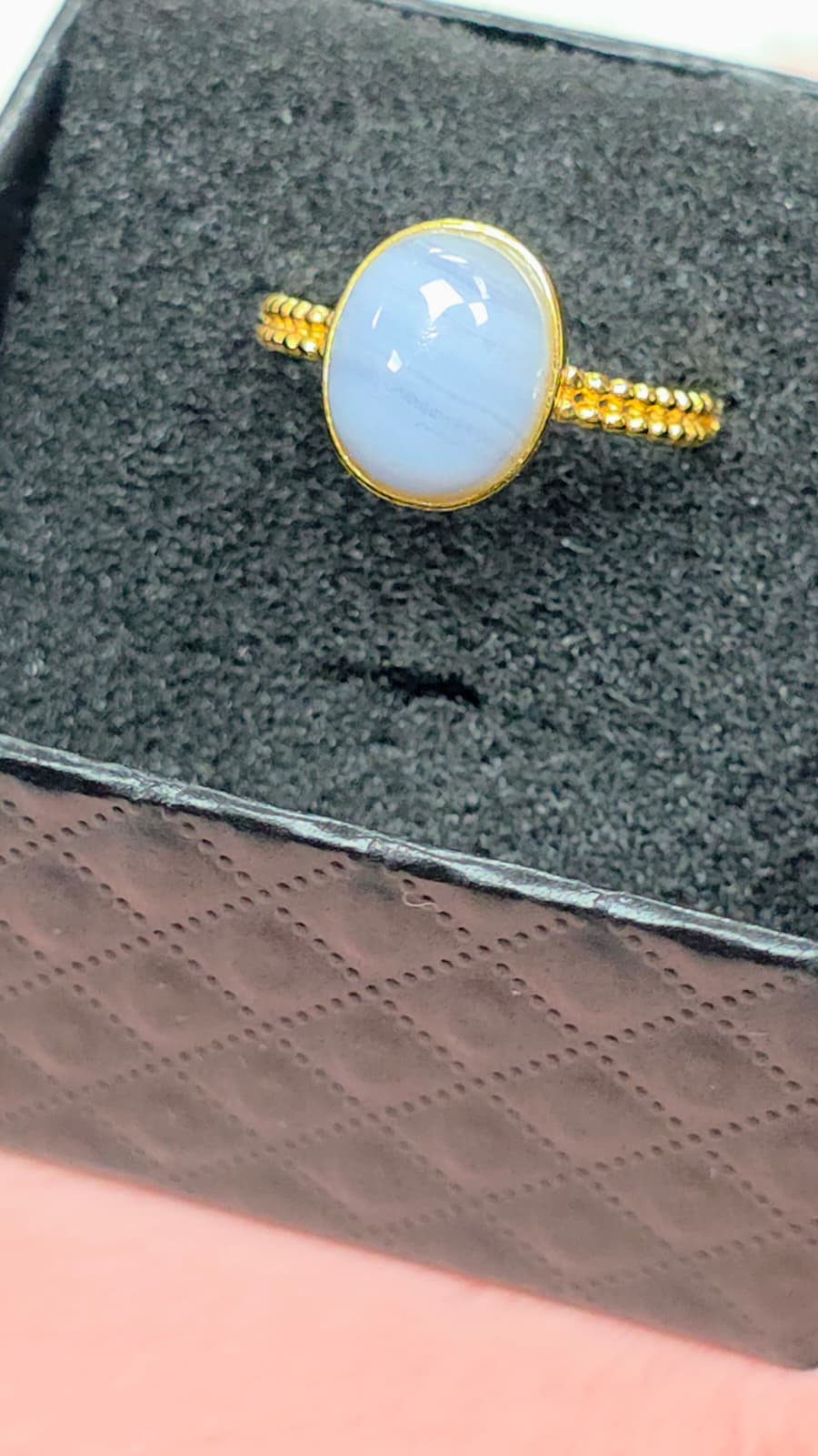 Natural Blue Lace Agate Adjustable Ring — Gold-Coated Sterling Silver | Kumara Shines