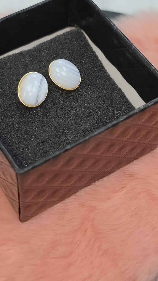 Natural Blue Lace Agate Oval Stud Earrings — Gold-Coated Sterling Silver | Kumara Shines