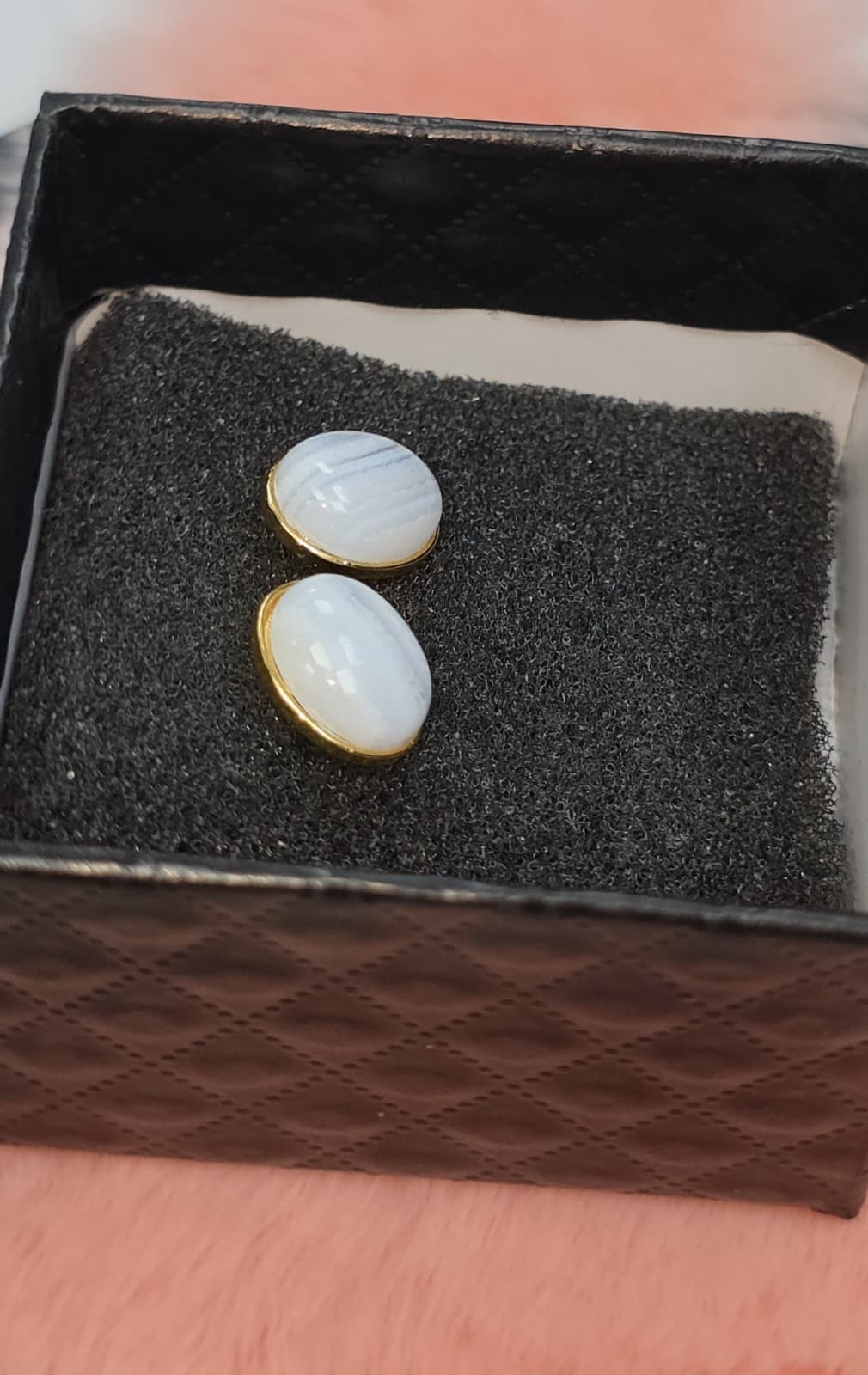 Natural Blue Lace Agate Oval Stud Earrings — Gold-Coated Sterling Silver | Kumara Shines