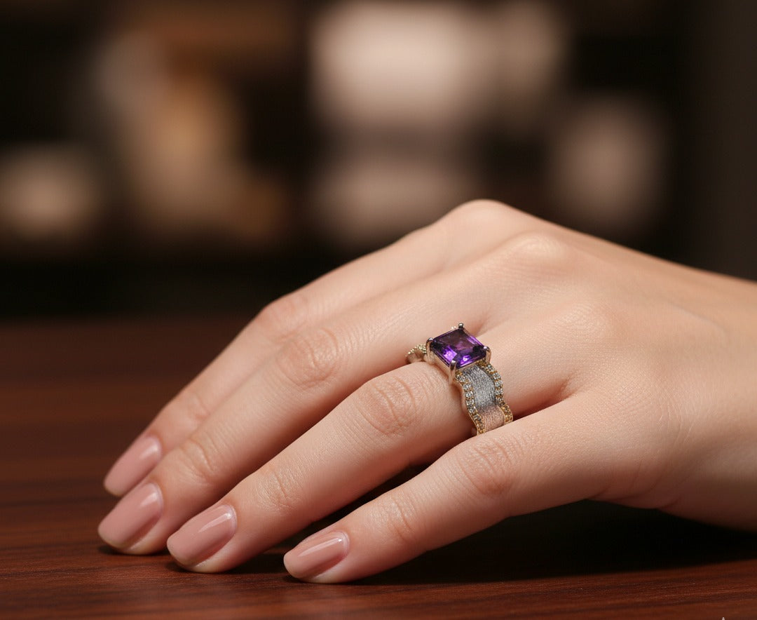 Natural Amethyst Emerald-Cut Ring with Gold Thread Detail — Sterling Silver | Kumara Shines