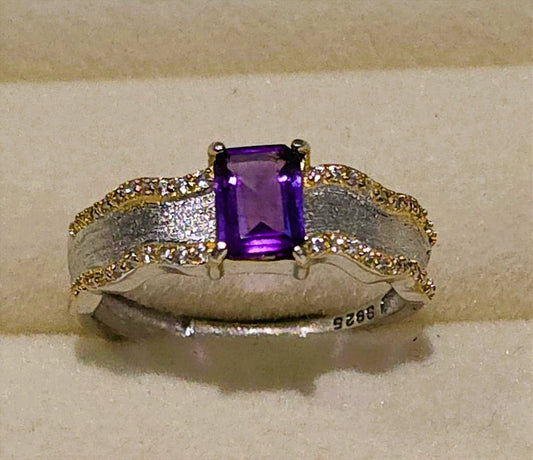 Emerald-Cut Natural Amethyst Adjustable Ring with Gold Thread Detail — Sterling Silver | Kumara Shines
