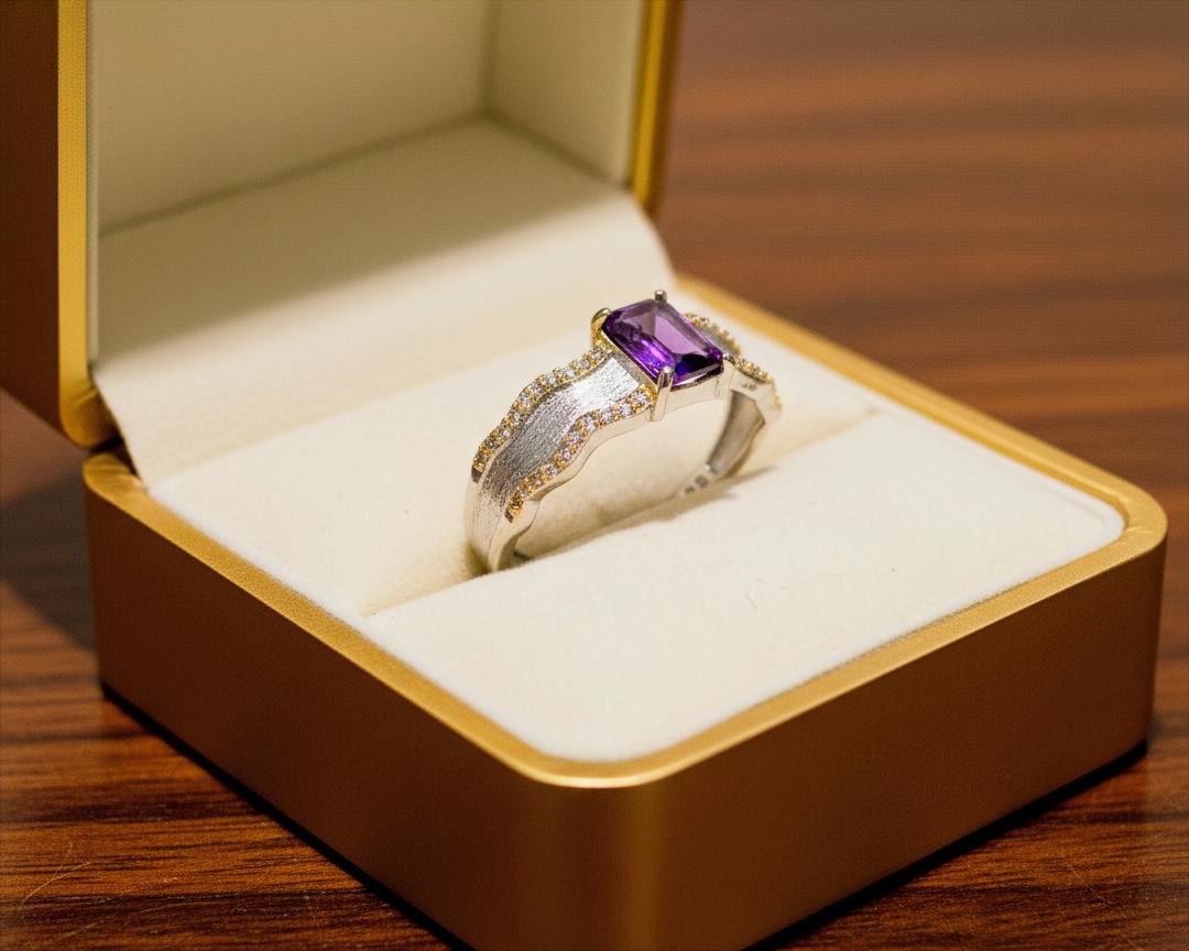 Natural Amethyst Emerald-Cut Ring with Gold Thread Detail — Sterling Silver | Kumara Shines