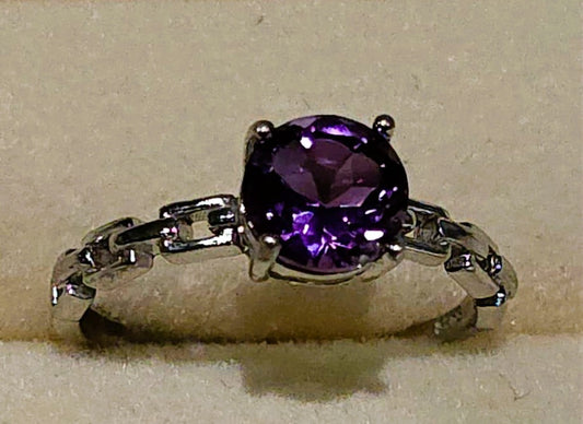 Natural Amethyst Solitaire Adjustable Ring with Chain-Link Band — 925 Sterling Silver | Kumara Shines