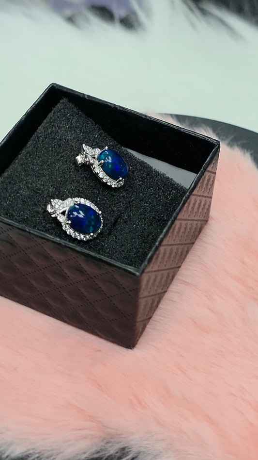 Natural Black Opal Halo Stud Earrings — Sterling Silver | Kumara Shines