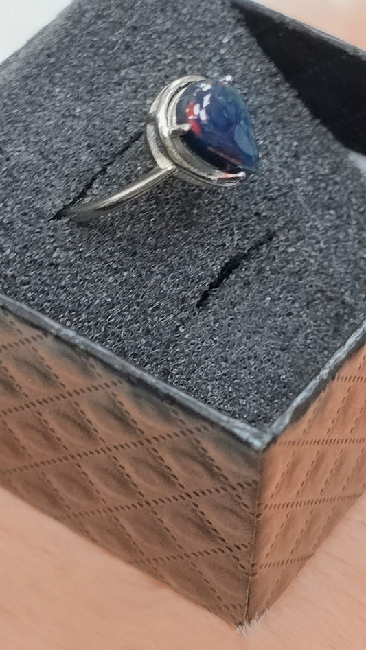 Natural Teardrop Black Opal Adjustable Ring — Sterling Silver | Kumara Shines