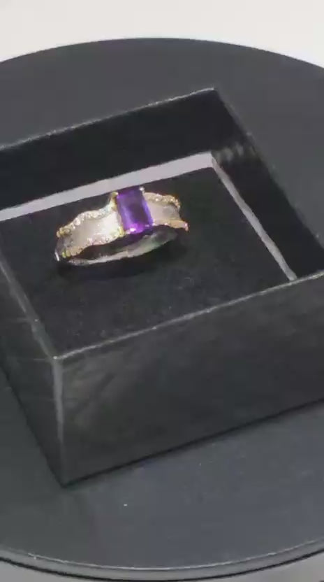 Natural Amethyst Emerald-Cut Ring with Gold Thread Detail — Sterling Silver | Kumara Shines