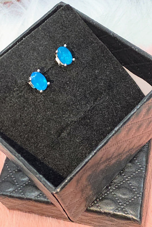 Natural Blue Opal Oval Stud Earrings – Sterling Silver | Kumara Shines